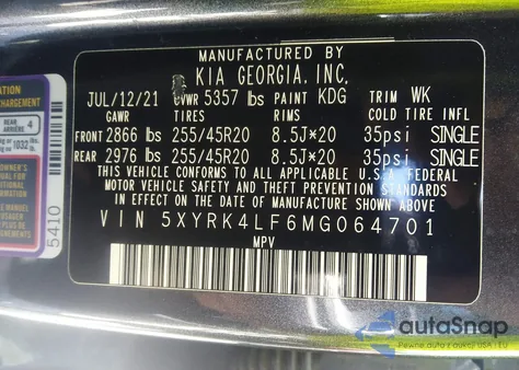 2021 Kia Sorento Sx Prestige z USA, uszkodzony, nr VIN 5XYRK4LF6MG064701